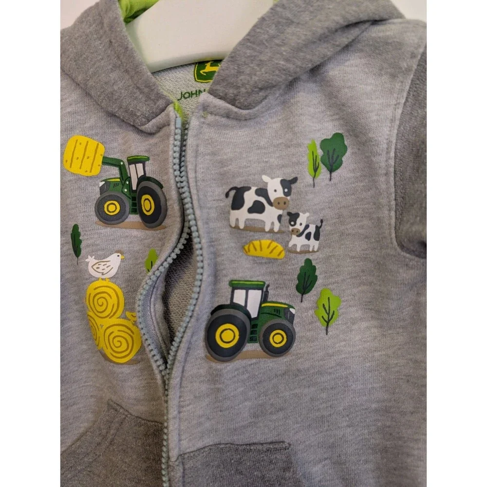 John Deere Toddler Gray Tractor Front Zip Hoodie Sweatshirt 18M Farm Animal Cows